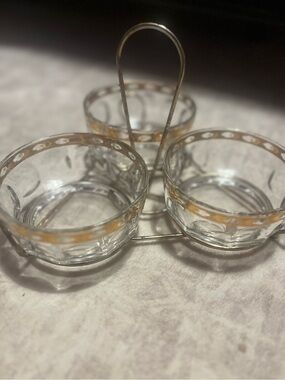 Vintage Arcoroc France Glass Condiment Set 22kt Gold Gilt w/Brass Caddy 1960 MCM